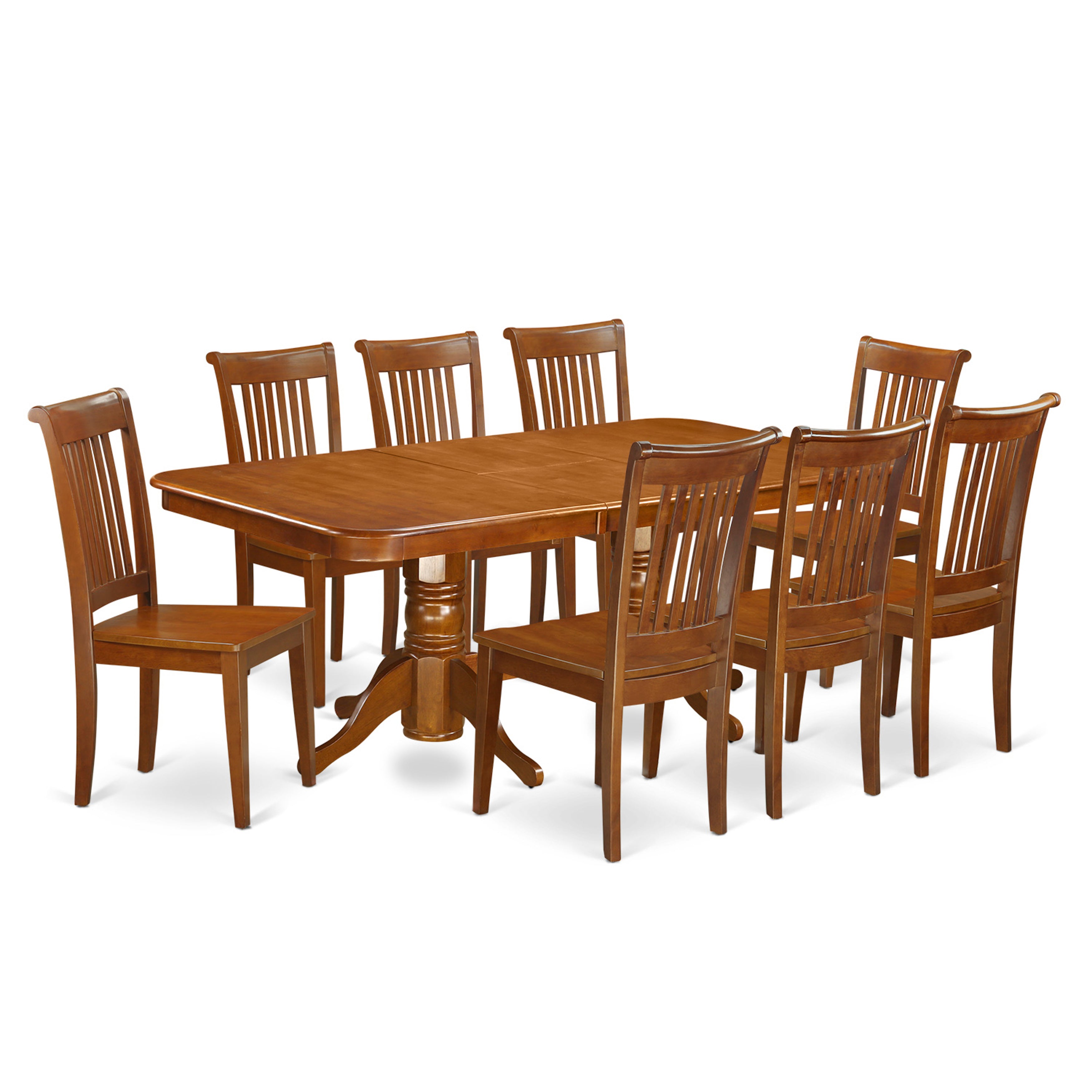El juego de mesa de cocina de 9 piezas NAPO9-SBR-W de East West Furniture incluye una mesa de comedor rectangular con diseño de hojas de mariposa y 8 sillas de comedor.