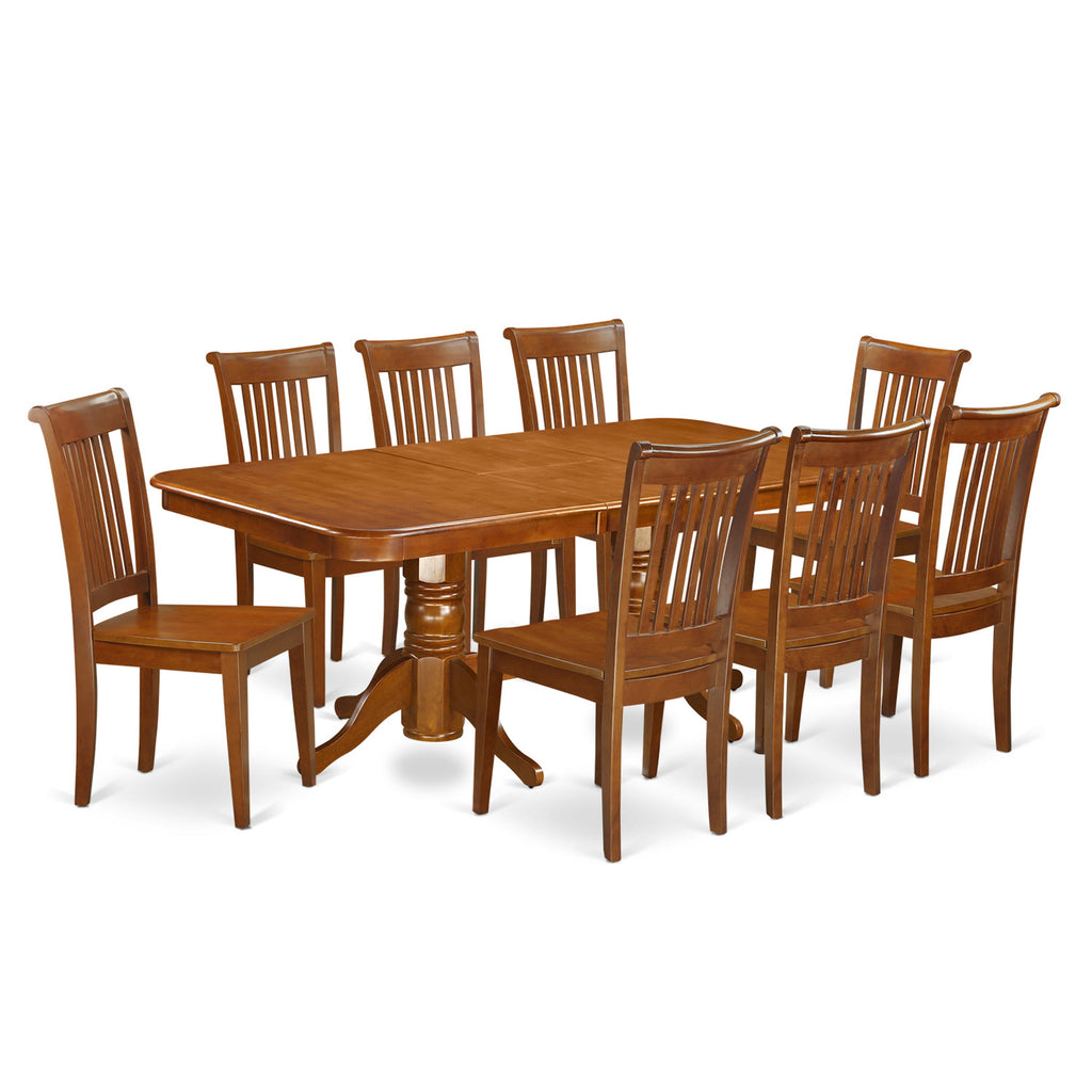 El juego de mesa de cocina de 9 piezas NAPO9-SBR-W de East West Furniture incluye una mesa de comedor rectangular con diseño de hojas de mariposa y 8 sillas de comedor.
