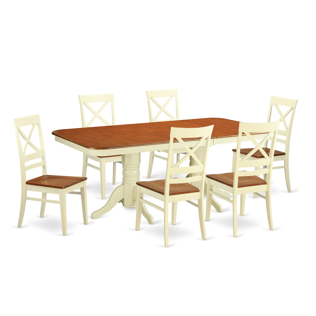 Juego de mesa y sillas de cocina de 7 piezas NAQU7-WHI-W de East West Furniture. Incluye una mesa de comedor rectangular con hojas de mariposa y 6 sillas de comedor.