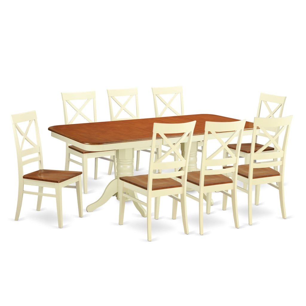El juego de mesa de comedor moderno East West Furniture NAQU9-WHI-W de 9 piezas incluye una mesa rectangular de madera con diseño de hojas de mariposa y 8 sillas de comedor de cocina.