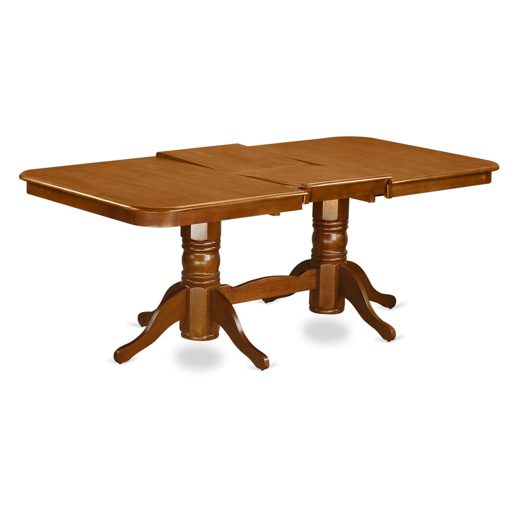 El juego de comedor East West Furniture NAML9-SBR-C de 9 piezas incluye una mesa de cocina rectangular con diseño de hojas de mariposa y 8 sillas tapizadas en tela de lino.