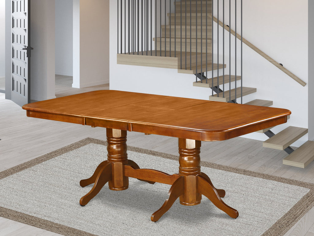 Mesa de comedor Napoleón East West Furniture NAT-SBR-TP: tablero rectangular de madera con diseño de hojas en forma de mariposa y base de pedestal doble