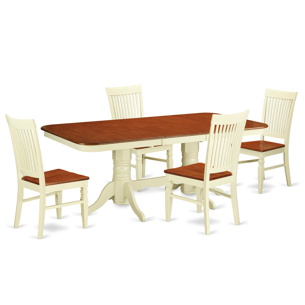 El juego de mesa de comedor moderno de 5 piezas East West Furniture NAWE5-BMK-W incluye una mesa rectangular de madera con diseño de hojas de mariposa y 4 sillas de comedor.