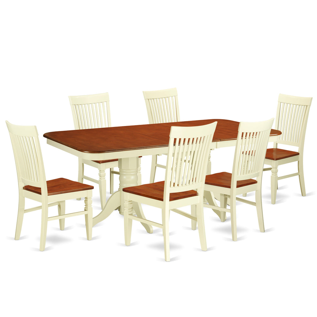 Juego de mesa de comedor de 7 piezas East West Furniture NAWE7-BMK-W compuesto por una mesa de comedor rectangular con hojas de mariposa y 6 sillas con asiento de madera.