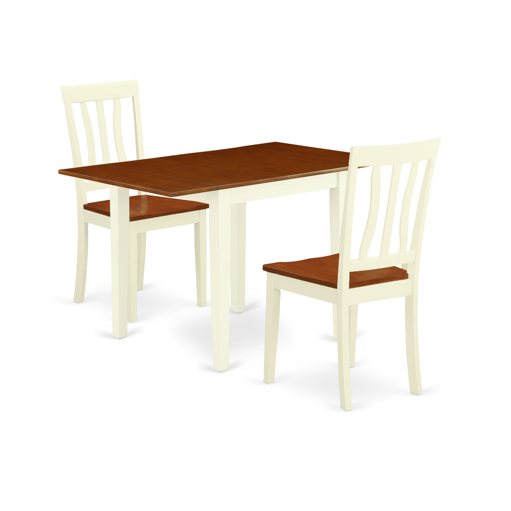Juego de comedor de 3 piezas East West Furniture NDAN3-WHI-W para espacios pequeños. Contiene una mesa de comedor rectangular con alas abatibles y 2 sillas de comedor.