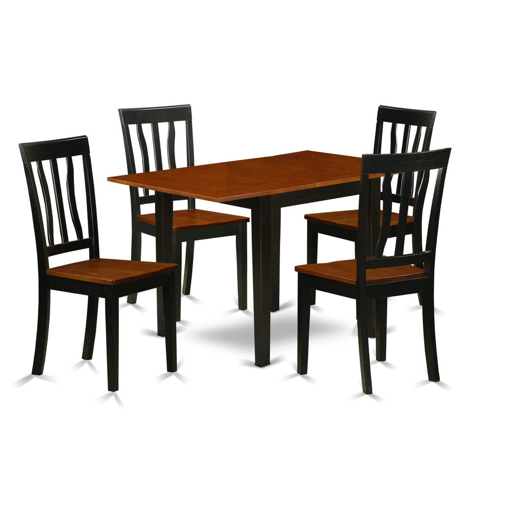 Juego de mesa de cocina de 5 piezas East West Furniture NDAN5-BCH-W para 4 personas. Incluye una mesa de comedor rectangular con alas abatibles y 4 sillas de comedor.