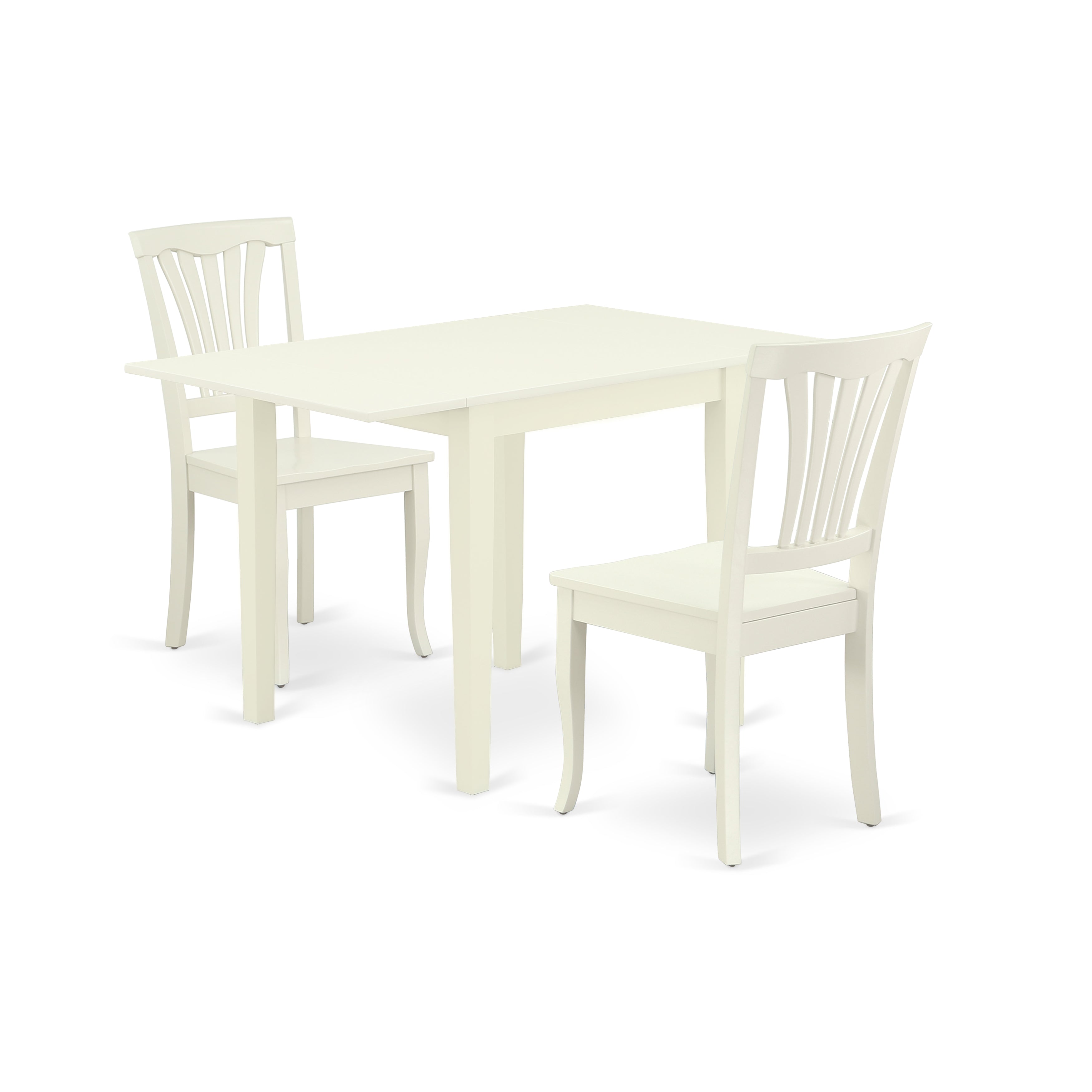 Juego de comedor de 3 piezas NDAV3-LWH-W de East West Furniture. Incluye una mesa de comedor rectangular con alas abatibles y 2 sillas de cocina.