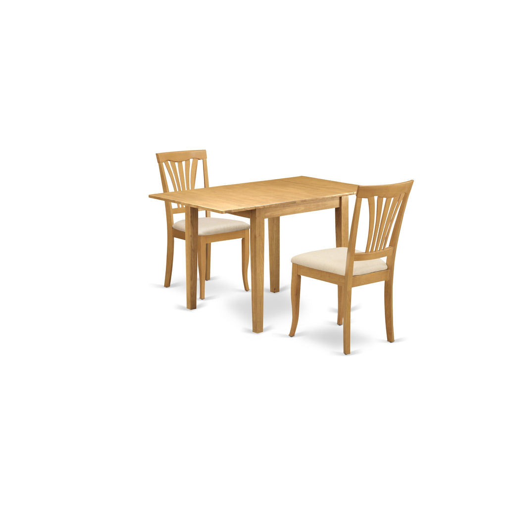 East West Furniture NDAV3-OAK-C 3 Piece Dining Room Table Set  Contains a Rectangle Kitchen Table with Dropleaf and 2 Linen Fabric Upholstered Dining Chairs