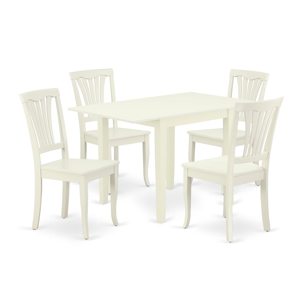 El juego de mesa de comedor de 5 piezas NDAV5-LWH-W de East West Furniture incluye una mesa de comedor rectangular con alas abatibles y 4 sillas con asiento de madera.