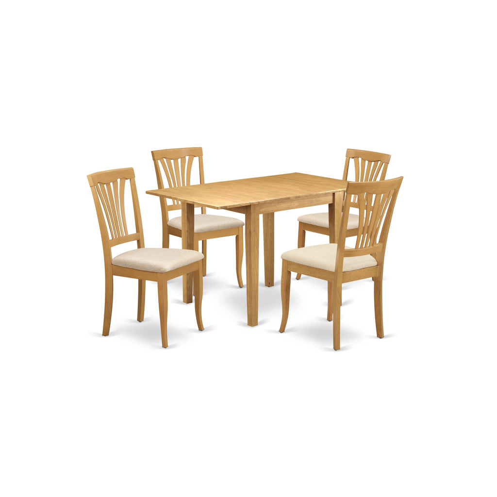 Juego de mesa de comedor moderna de 5 piezas East West Furniture NDAV5-OAK-C. Incluye una mesa rectangular de madera con alas abatibles y 4 sillas de comedor de tela de lino.