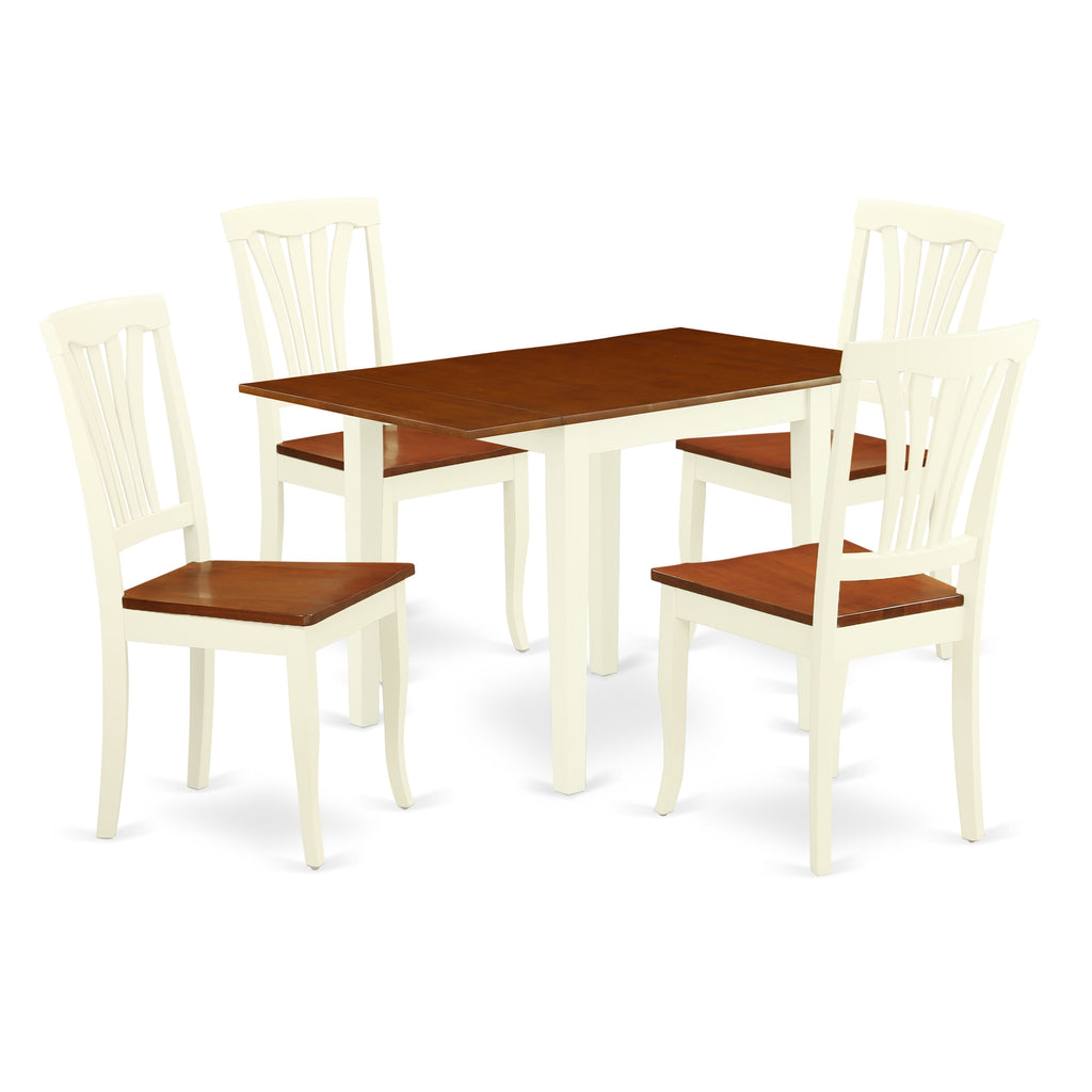 Juego de mesa y sillas de cocina de 5 piezas NDAV5-WHI-W de East West Furniture. Incluye una mesa de comedor rectangular con alas abatibles y 4 sillas con asiento de madera maciza.