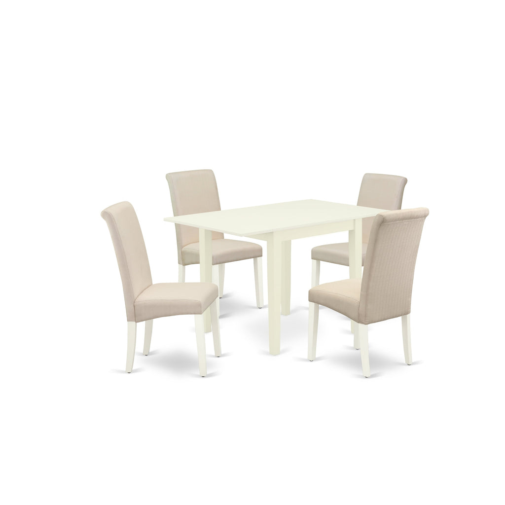 East West Furniture NDBA5-LWH-01 5 Piece Kitchen Table Set for 4 Includes a Rectangle Dining Table with Dropleaf and 4 Cream Linen Fabric Parson Dining Chairs