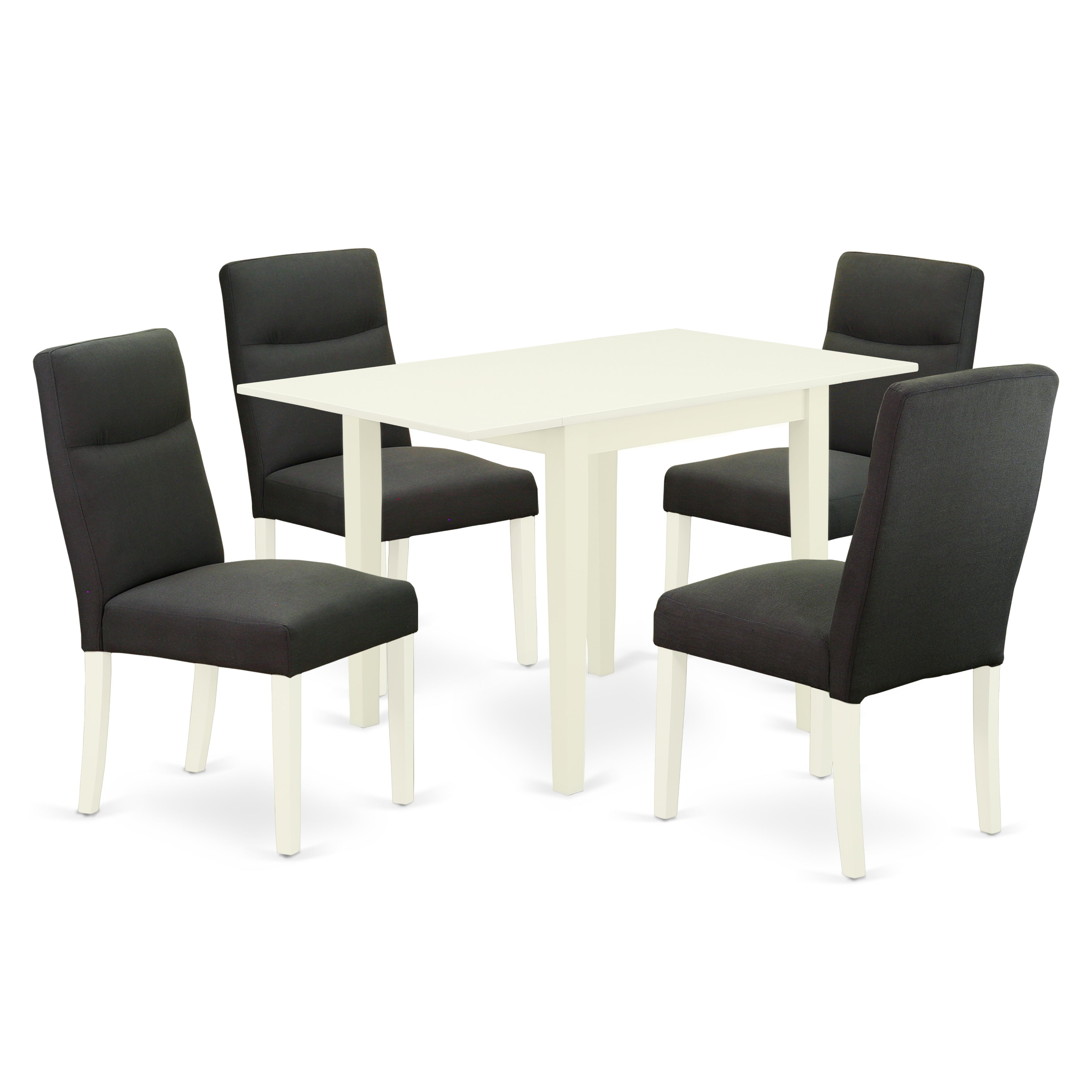 Juego de comedor de 5 piezas East West Furniture NDBE5-LWH-20. Incluye una mesa de comedor rectangular con alas abatibles y 4 sillas tapizadas en tela de lino.
