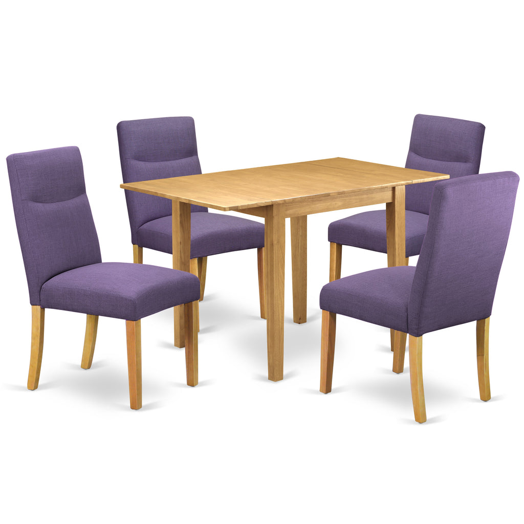 East West Furniture NDBE5-OAK-10 5 Piece Dining Room Table Set Includes a Rectangle Dining Table with Dropleaf and 4 Linen Fabric Parson Kitchen Chairs