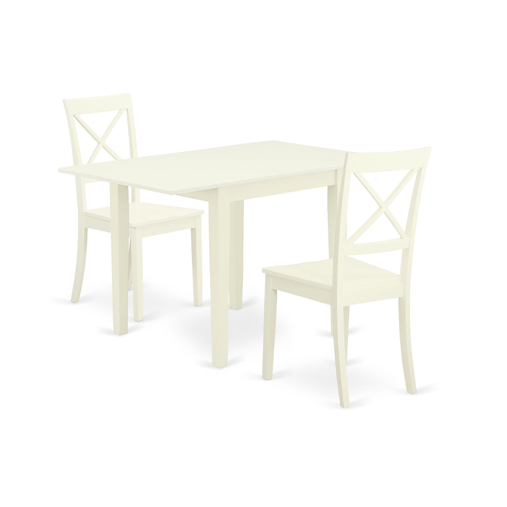 Juego de comedor de 3 piezas East West Furniture NDBO3-LWH-W para espacios pequeños. Incluye una mesa de comedor rectangular con alas abatibles y 2 sillas de comedor de cocina.