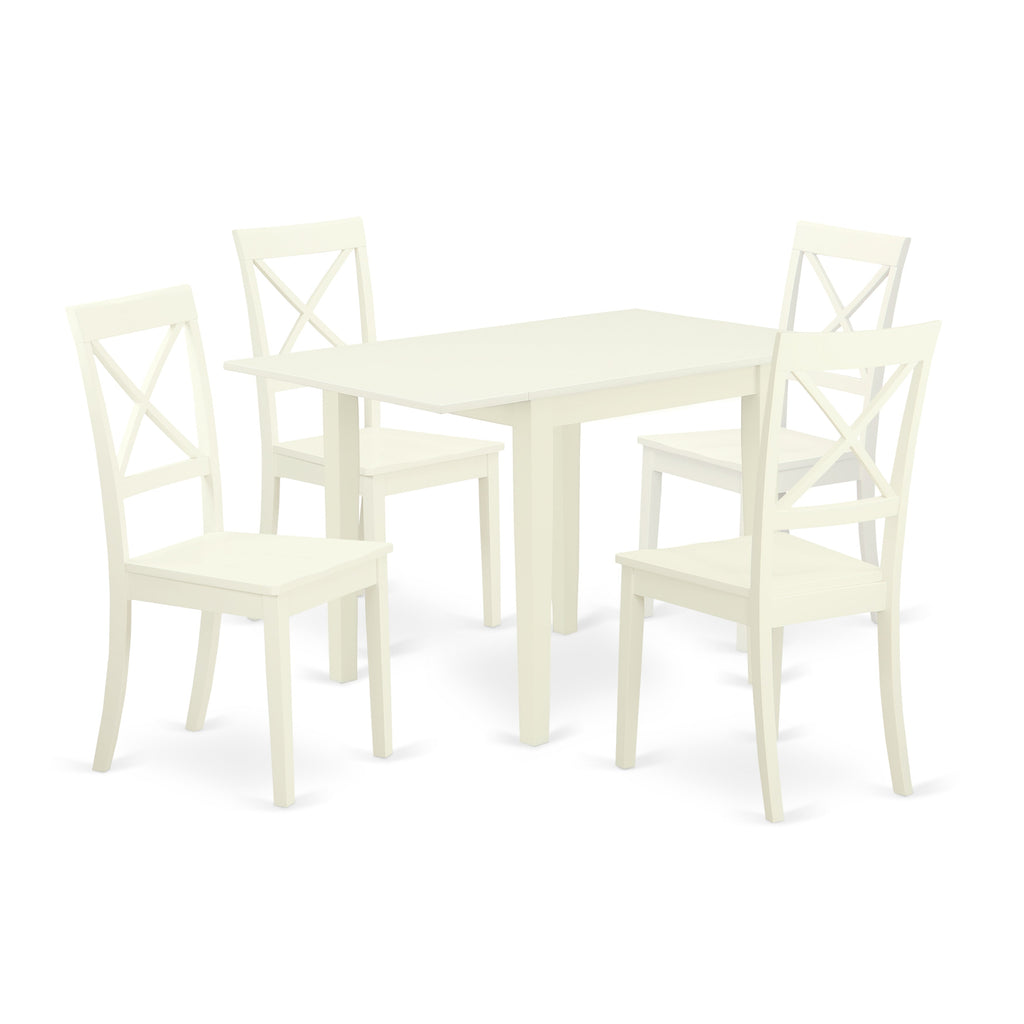 East West Furniture NDBO5-LWH-W 5 Piece Dining Room Table Set Includes a Rectangle Dining Table with Dropleaf and 4 Wood Seat Chairs, 30x48 Inch, Linen White