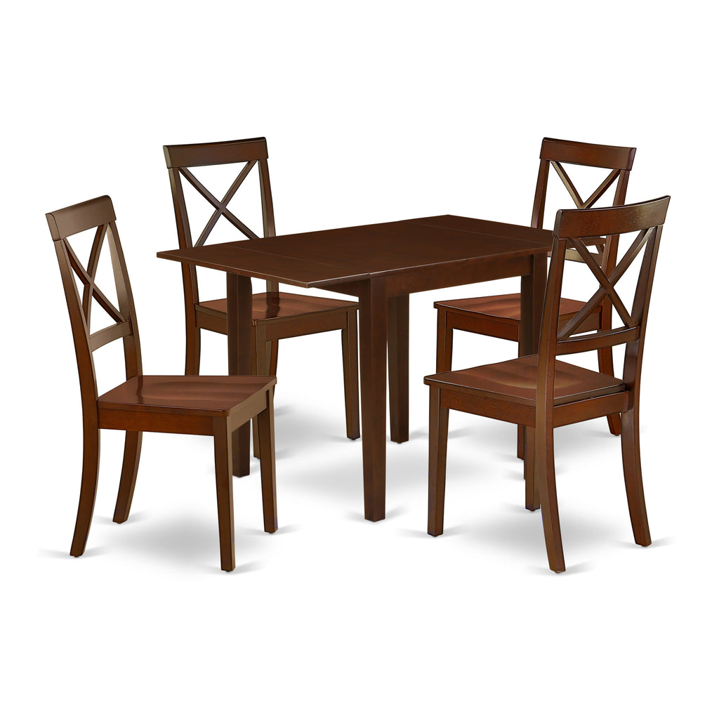 East West Furniture NDBO5-MAH-W 5 Piece Dining Room Furniture Set Includes a Rectangle Dining Table with Dropleaf and 4 Wood Seat Chairs, 30x48 Inch, Mahogany