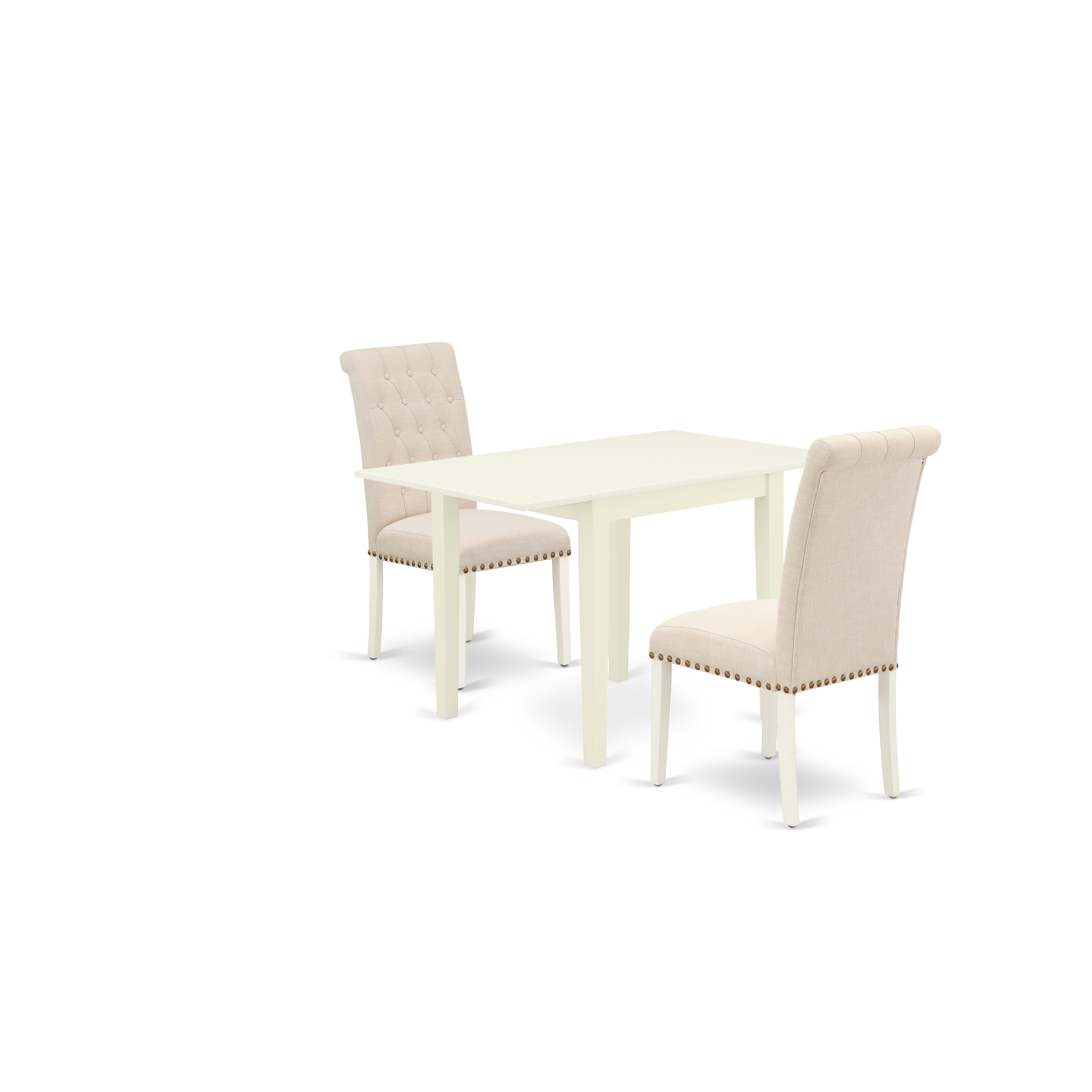 Juego de mesa de comedor de madera East West Furniture 1NDBR3-LWH-02 de 3 piezas: dos sillas y una mesa de cocina, acabado blanco lino, madera maciza, tela de lino color beige claro.