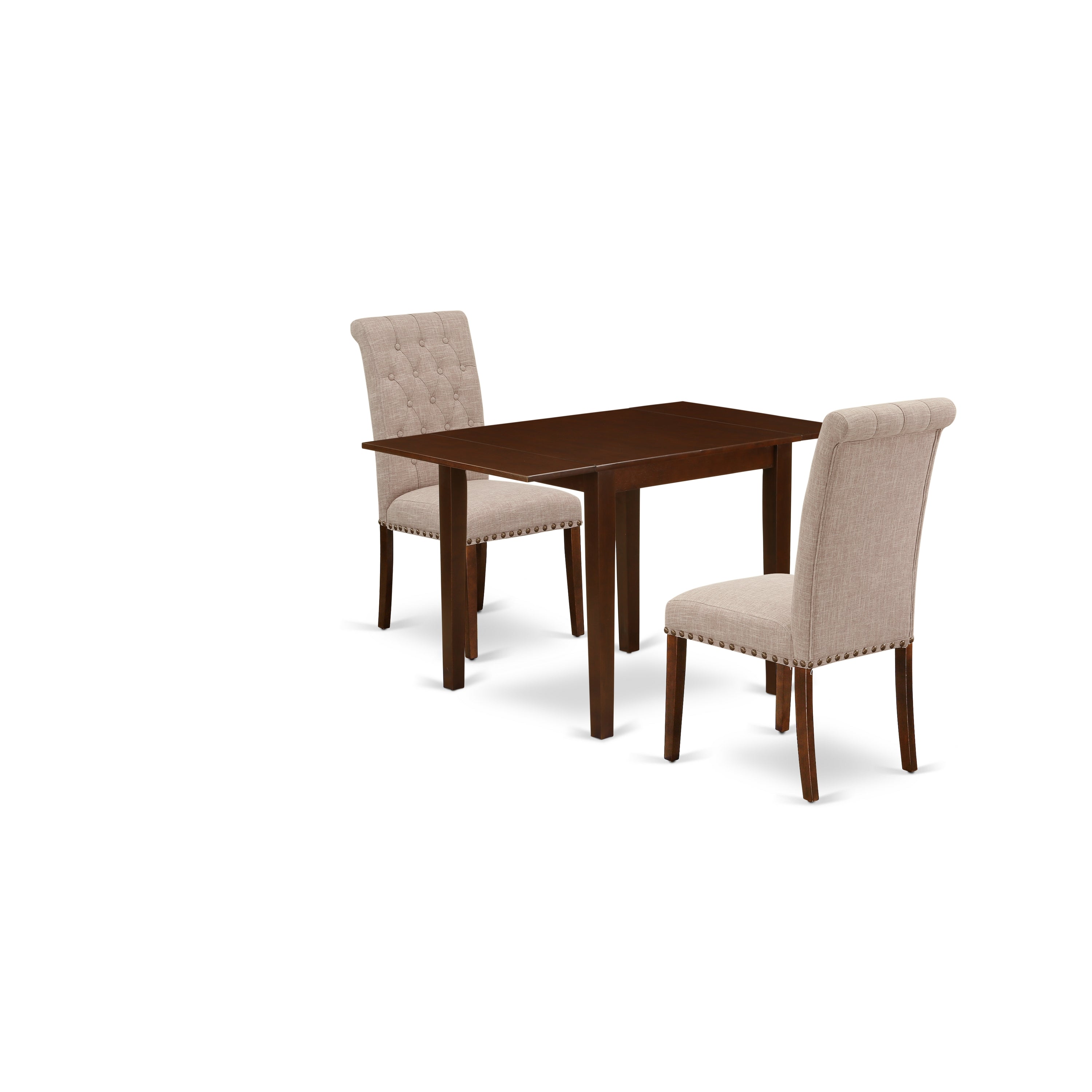 Juego de comedor de 3 piezas East West Furniture NDBR3-MAH-04. Incluye una mesa de comedor rectangular con alas abatibles y dos sillas tapizadas en tela de lino color tostado claro.