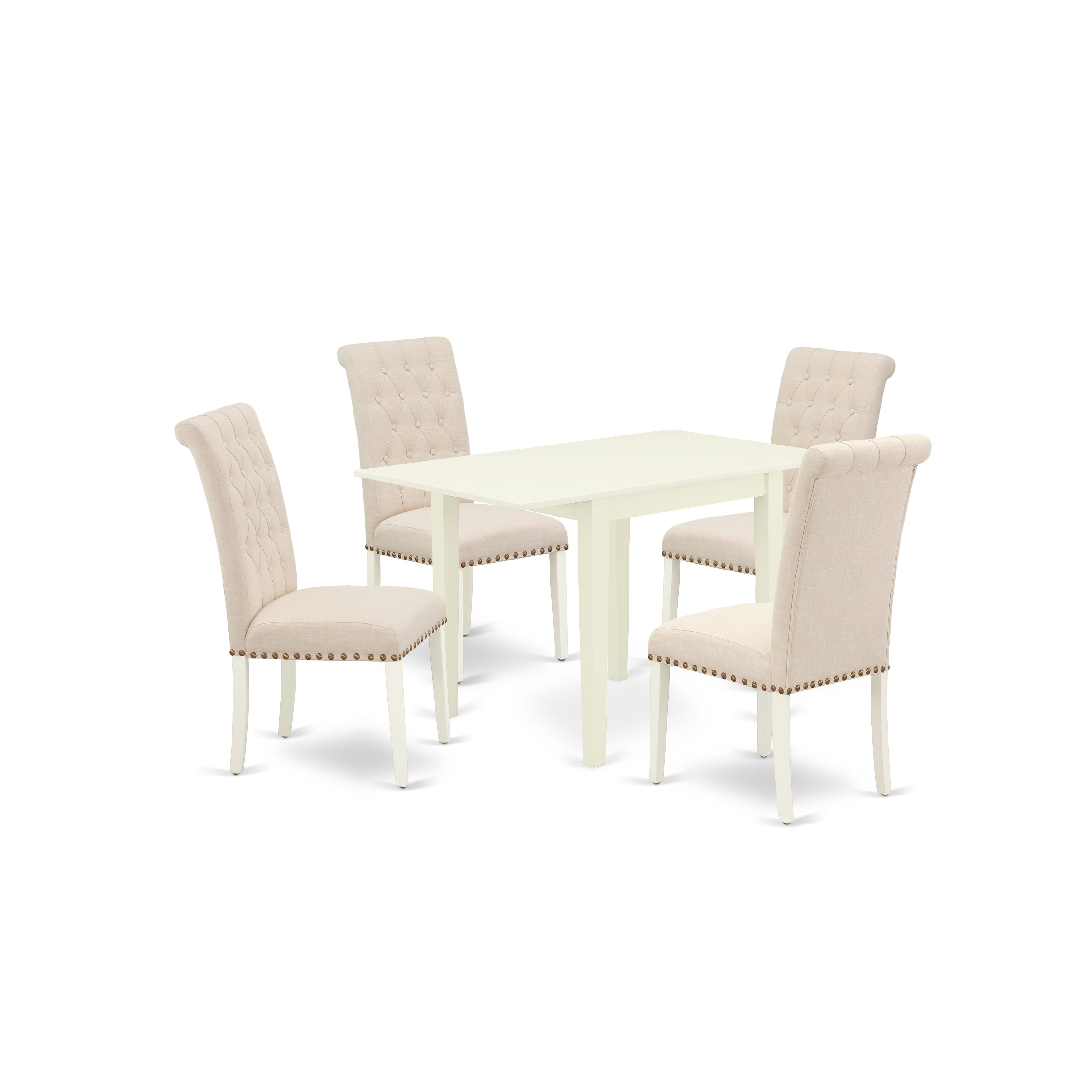 Juego de mesa de comedor de madera East West Furniture 1NDBR5-LWH-02 de 5 piezas: cuatro sillas y una mesa de comedor, acabado blanco lino, madera maciza, tela de lino color beige claro.