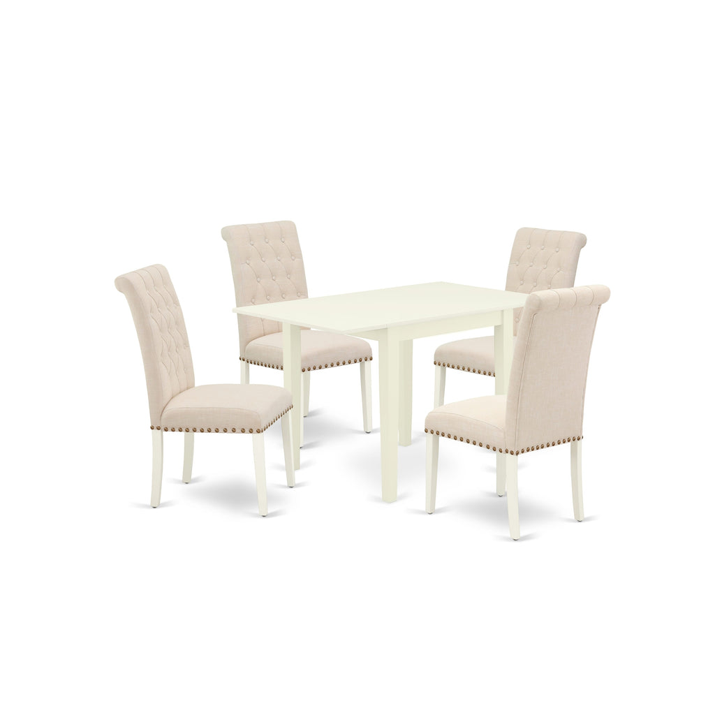 East West Furniture 1NDBR5-LWH-02 Wooden Dining Table Set 5 Pc - Four Dining Room Chairs and a Dining Room Table - Linen White Finish Solid wood - Light Beige Color Linen Fabric