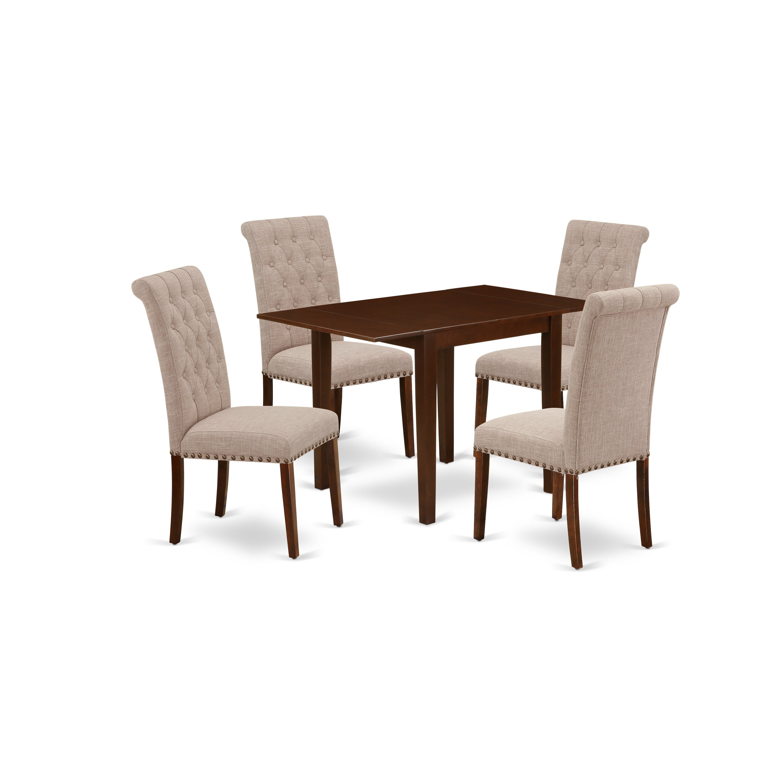 East West Furniture NDBR5-MAH-04 Dinette Set 5 Pc � Four Kitchen Chairs and a Dining Room Table - Mahogany Finish Wood - Light Fawn Color Linen Fabric
