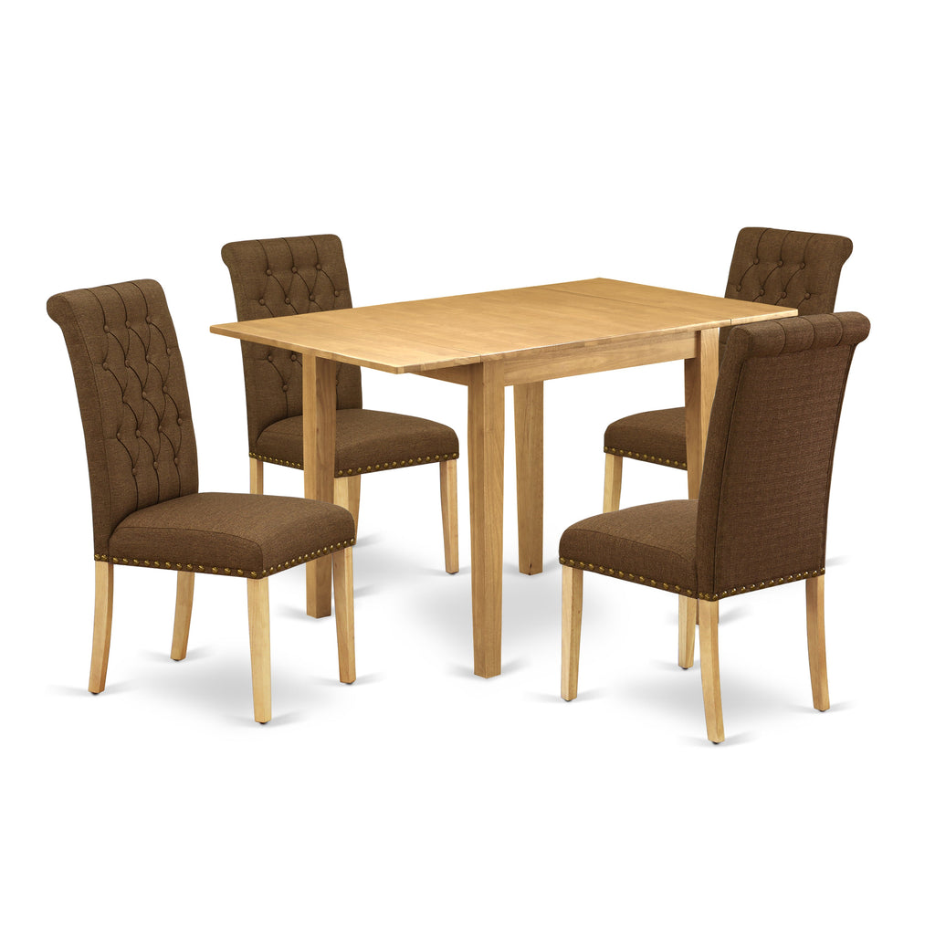 East West Furniture NDBR5-OAK-18 5 Piece Dining Table Set for 4 Includes a Rectangle Kitchen Table with Dropleaf and 4 Brown Linen Linen Fabric Upholstered Chairs