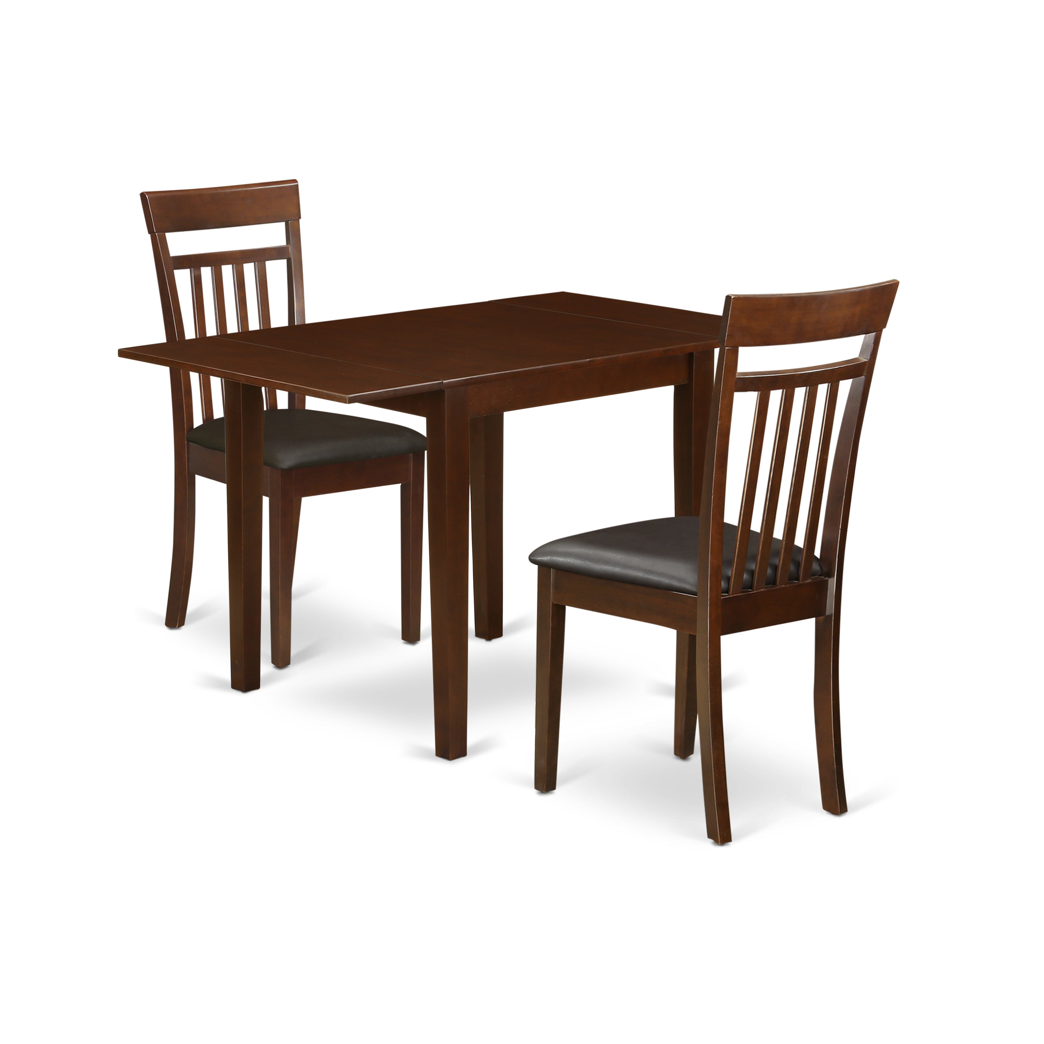 Juego de comedor de 3 piezas East West Furniture NDCA3-MAH-LC para espacios pequeños. Incluye una mesa de comedor rectangular con alas abatibles y dos sillas de comedor de cuero sintético.