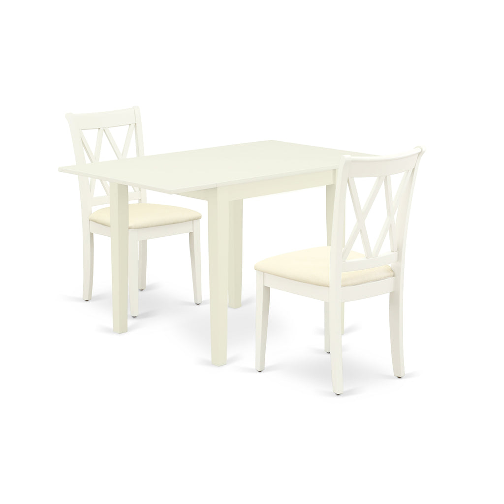 East West Furniture NDCL3-LWH-C 3 Piece Dining Room Table Set  Contains a Rectangle Kitchen Table with Dropleaf and 2 Linen Fabric Upholstered Dining Chairs