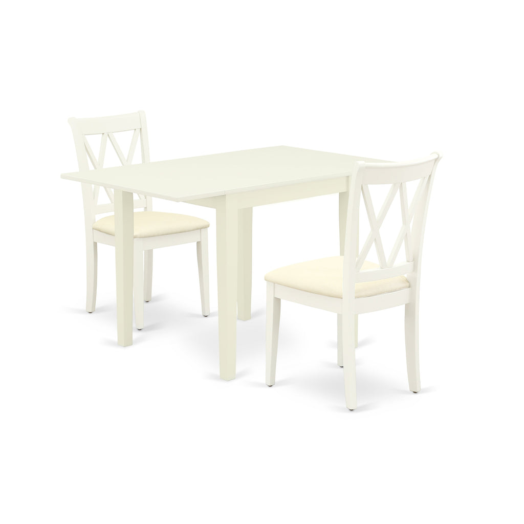 East West Furniture NDCL3-LWH-C 3 Piece Dining Room Table Set  Contains a Rectangle Kitchen Table with Dropleaf and 2 Linen Fabric Upholstered Dining Chairs, 30x48 Inch, Linen White