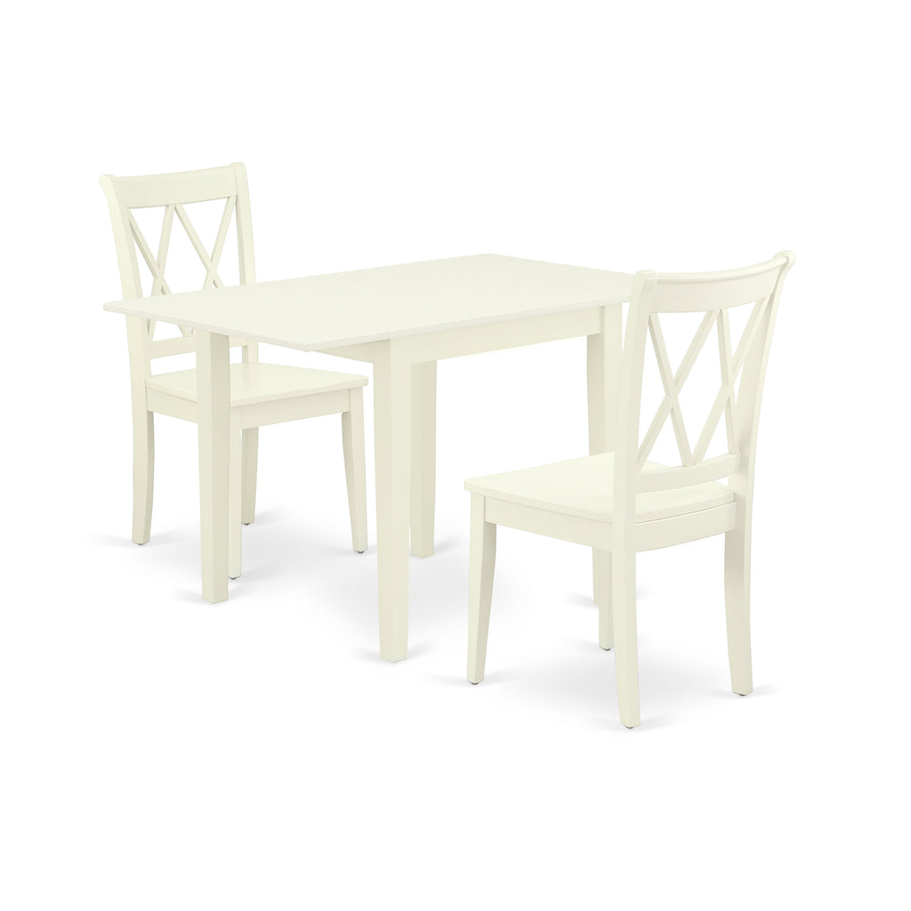 Juego de mesa de comedor moderna de 3 piezas East West Furniture NDCL3-LWH-W. Incluye una mesa rectangular de madera con alas abatibles y 2 sillas de comedor.