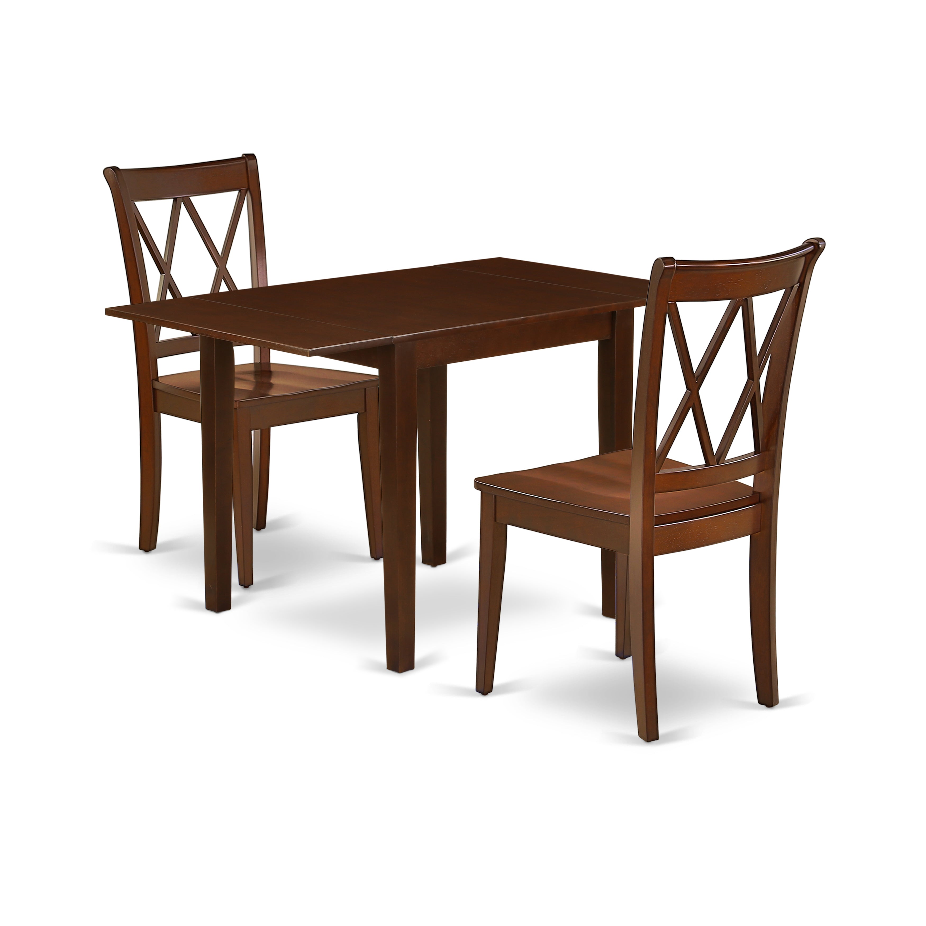 Juego de comedor de 3 piezas East West Furniture NDCL3-MAH-W. Incluye una mesa de comedor rectangular con alas abatibles y dos sillas con asiento de madera.