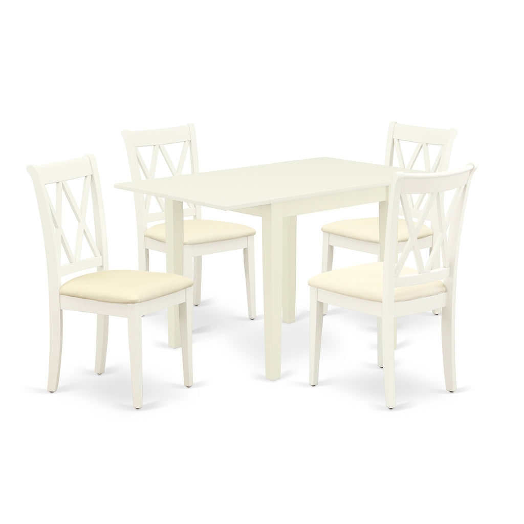 East West Furniture NDCL5-LWH-C 5 Piece Dining Room Table Set Includes a Rectangle Kitchen Table with Dropleaf and 4 Linen Fabric Upholstered Dining Chairs