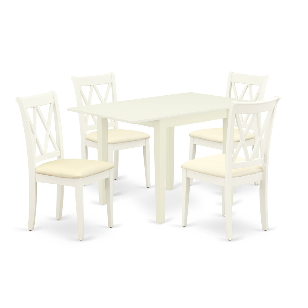 East West Furniture NDCL5-LWH-C 5 Piece Dining Room Table Set Includes a Rectangle Kitchen Table with Dropleaf and 4 Linen Fabric Upholstered Dining Chairs, 30x48 Inch, Linen White