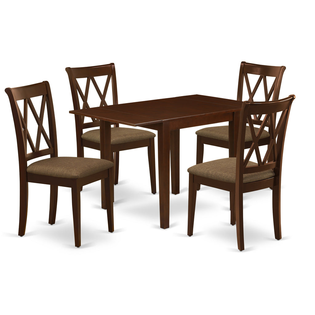 East West Furniture NDCL5-MAH-C 5 Piece Dining Room Furniture Set Includes a Rectangle Dining Table with Dropleaf and 4 Linen Fabric Upholstered Chairs