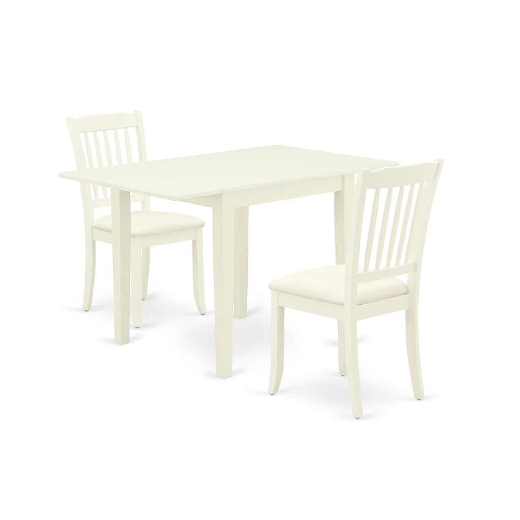 East West Furniture NDDA3-LWH-C 3 Piece Dinette Set for Small Spaces Contains a Rectangle Dining Table with Dropleaf and 2 Linen Fabric Upholstered Dining Chairs, 30x48 Inch, Linen White