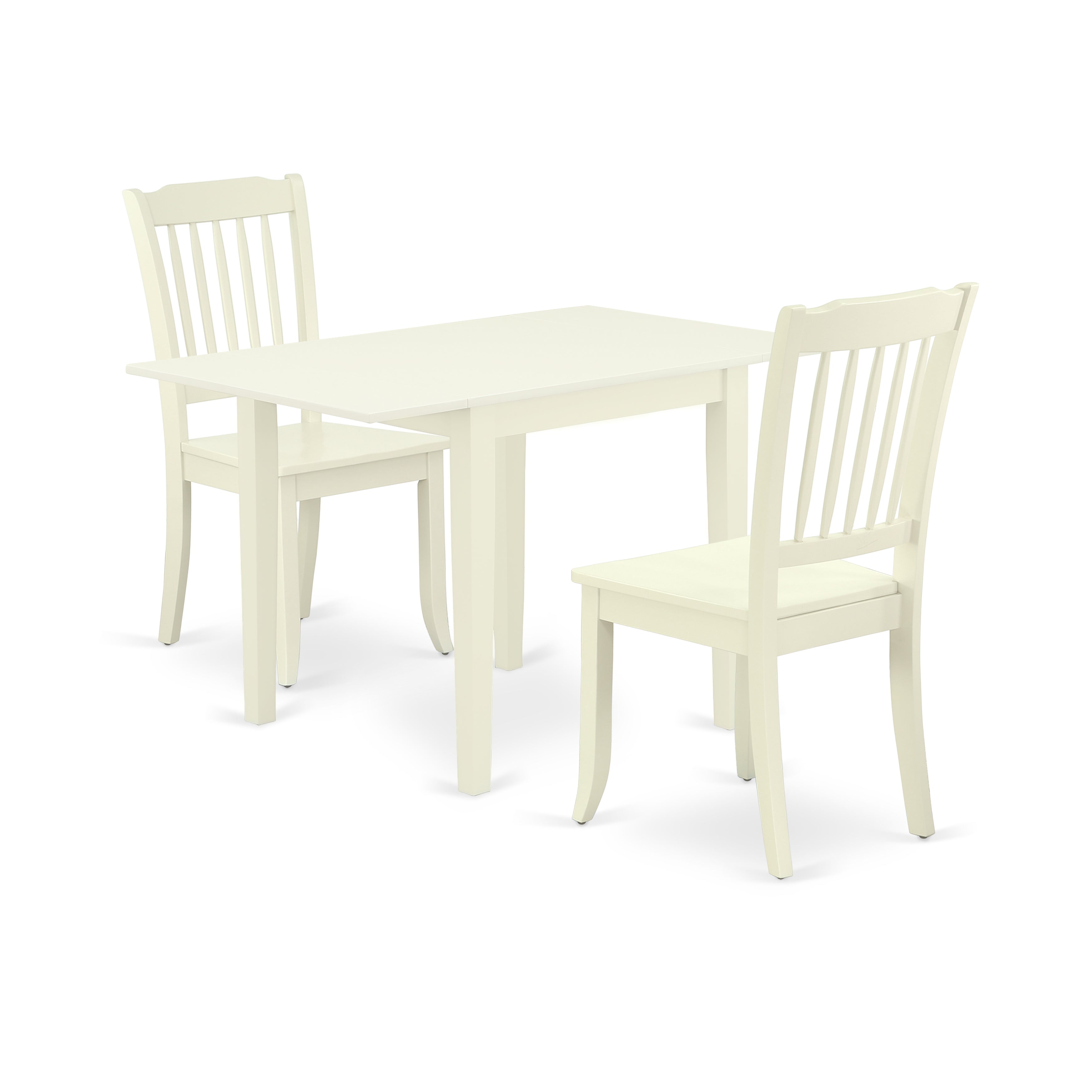 Juego de mesa y sillas de cocina de 3 piezas NDDA3-LWH-W de East West Furniture. Incluye una mesa de comedor rectangular con alas abatibles y 2 sillas de comedor.