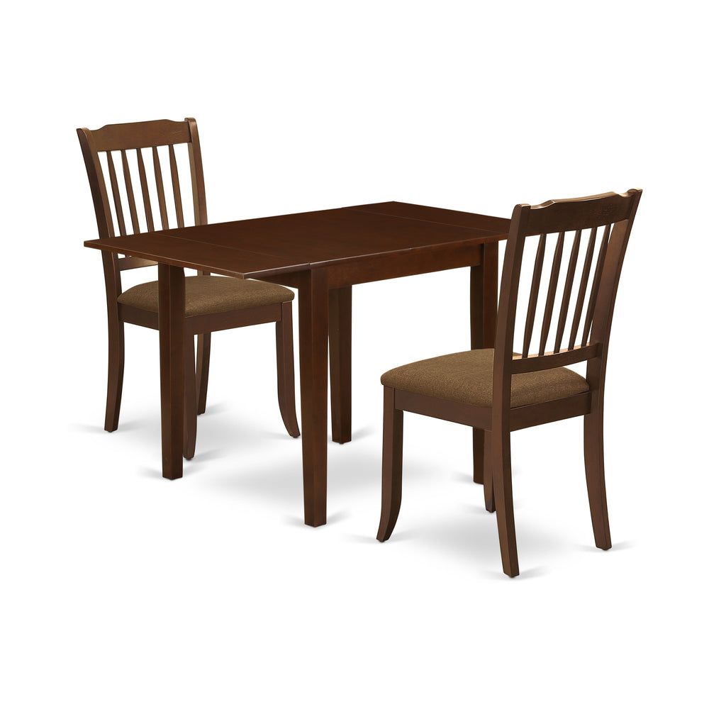 East West Furniture NDDA3-MAH-C 3 Piece Dining Room Table Set  Contains a Rectangle Kitchen Table with Dropleaf and 2 Linen Fabric Upholstered Dining Chairs, 30x48 Inch, Mahogany