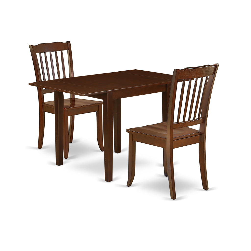 East West Furniture NDDA3-MAH-W 3 Piece Kitchen Table & Chairs Set Contains a Rectangle Dining Table with Dropleaf and 2 Dining Room Chairs, 30x48 Inch, Mahogany