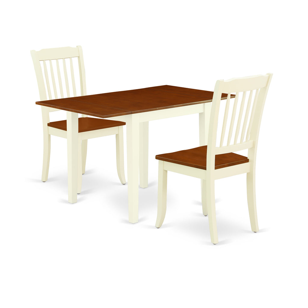 Juego de comedor de 3 piezas NDDA3-WHI-W de East West Furniture. Incluye una mesa de comedor rectangular con alas abatibles y dos sillas con asiento de madera.