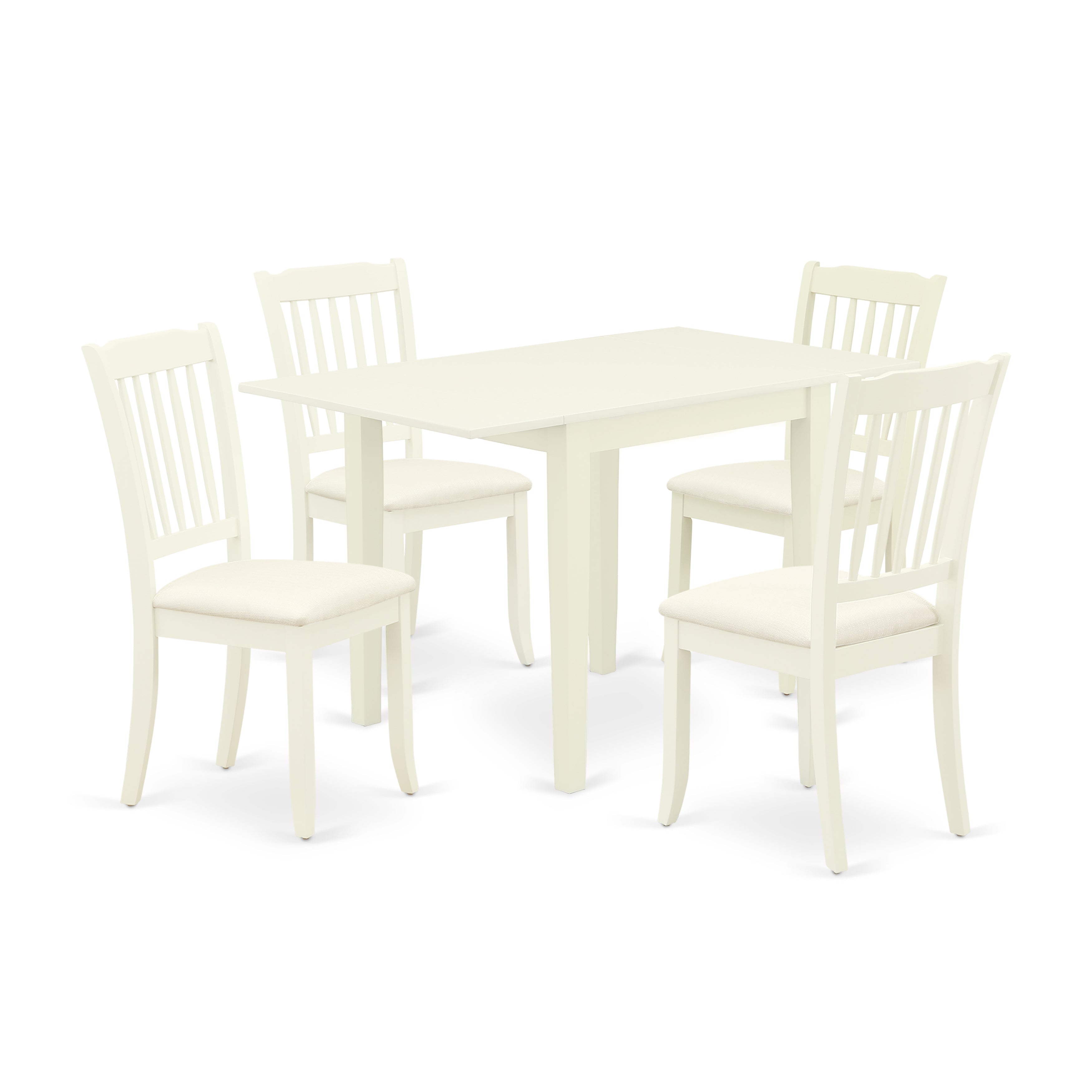 El juego de mesa de comedor de 5 piezas NDDA5-LWH-C de East West Furniture incluye una mesa de cocina rectangular con alas abatibles y 4 sillas de comedor tapizadas en tela de lino.