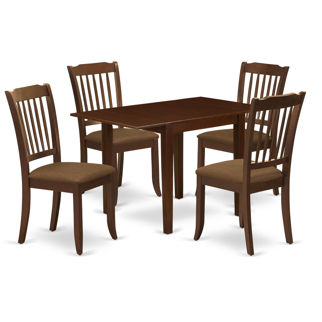 East West Furniture NDDA5-MAH-C 5 Piece Dining Room Table Set Includes a Rectangle Kitchen Table with Dropleaf and 4 Linen Fabric Upholstered Dining Chairs, 30x48 Inch, Mahogany
