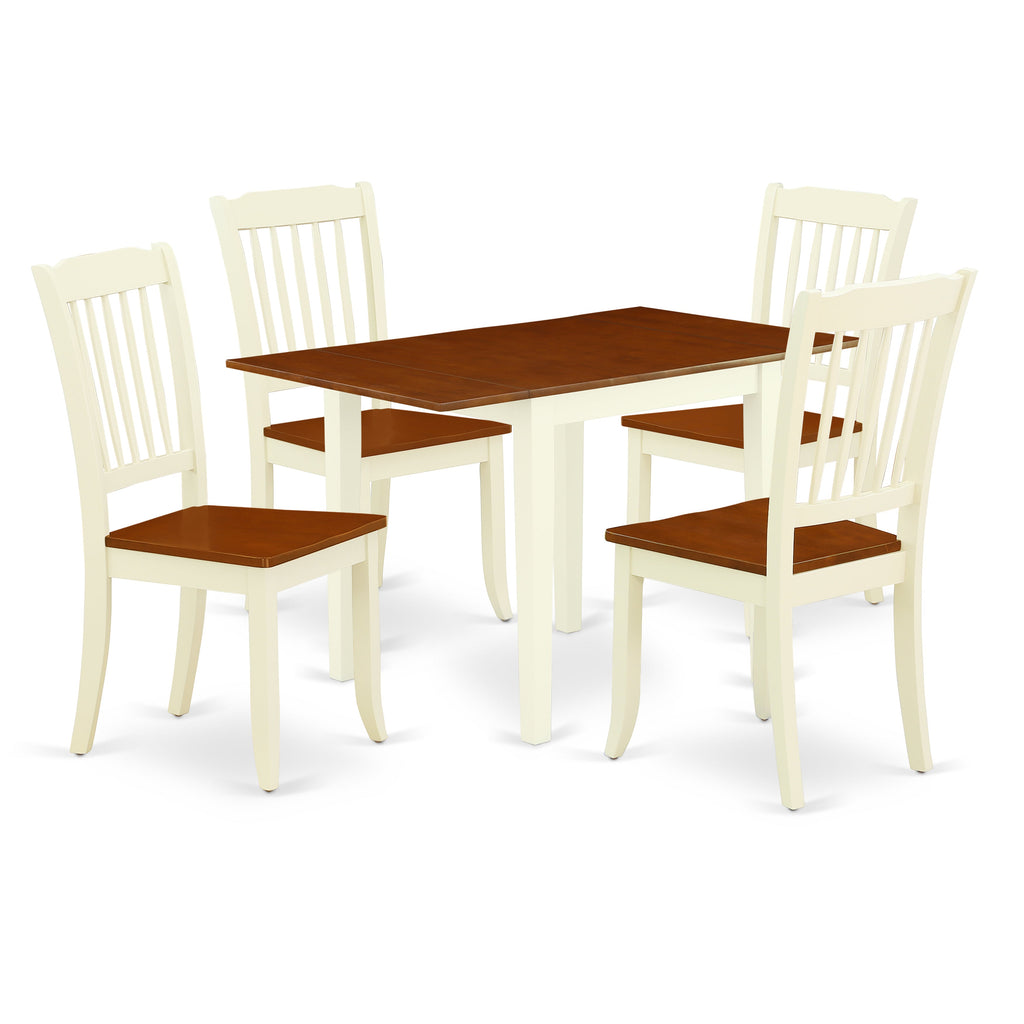Juego de comedor de 5 piezas East West Furniture NDDA5-WHI-W para 4 personas. Incluye una mesa de comedor rectangular con alas abatibles y 4 sillas de comedor.