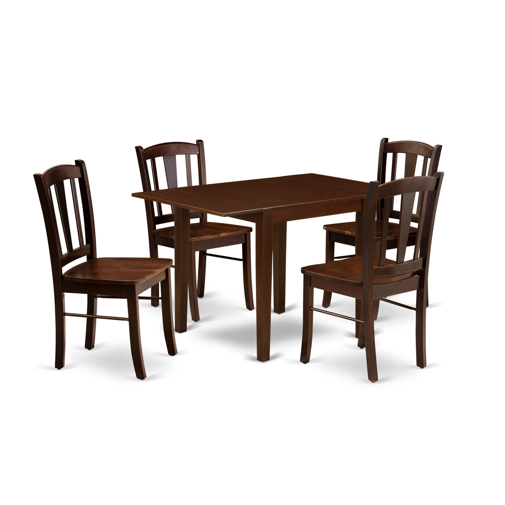 El juego de mesa y sillas de cocina de 5 piezas NDDL5-MAH-W de East West Furniture incluye una mesa de comedor rectangular con alas abatibles y 4 sillas con asiento de madera maciza.