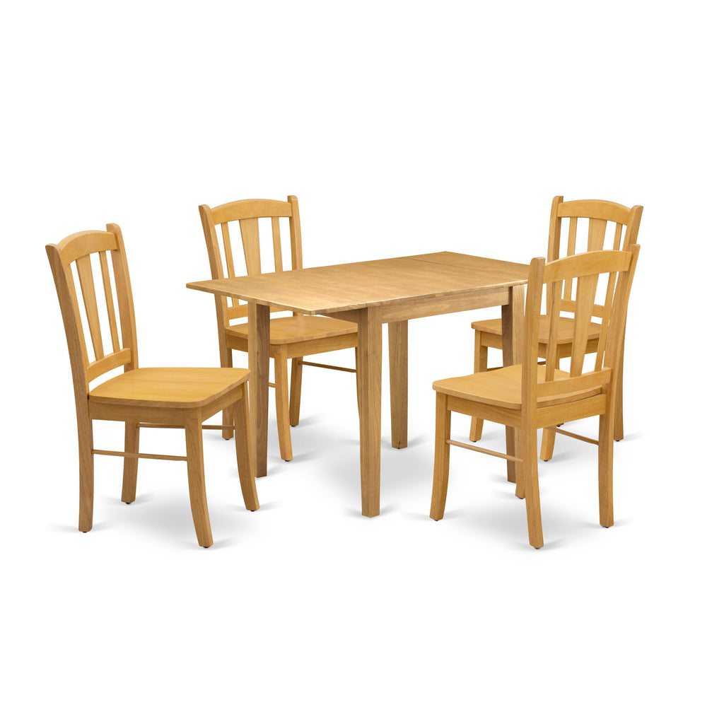 EAST WEST FURNITURE - NDDL5-OAK-W - 5-Pc Dining Room Table Set- 4 Dining Chairs with Wooden Seat and Slatted Chair Back - Dropleafs Kitchen Table - Oak Finish
