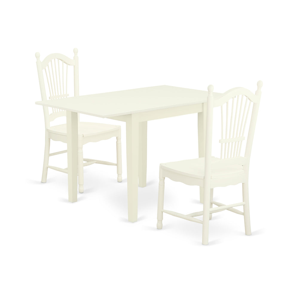East West Furniture NDDO3-LWH-W 3 Piece Dining Room Table Set  Contains a Rectangle Kitchen Table with Dropleaf and 2 Dining Chairs, 30x48 Inch, Linen White