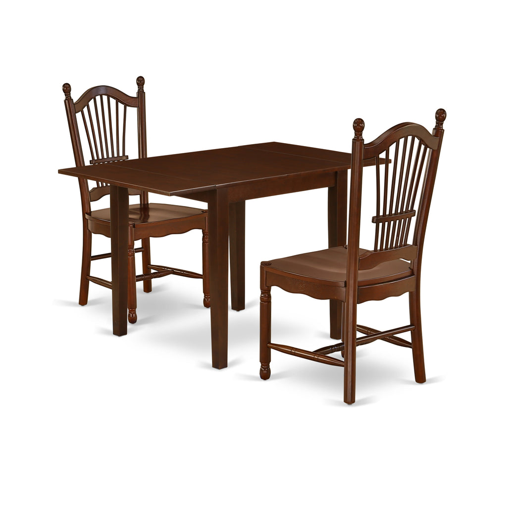 East West Furniture NDDO3-MAH-W 3 Piece Dining Set Contains a Rectangle Dining Room Table with Dropleaf and 2 Kitchen Chairs, 30x48 Inch, Mahogany