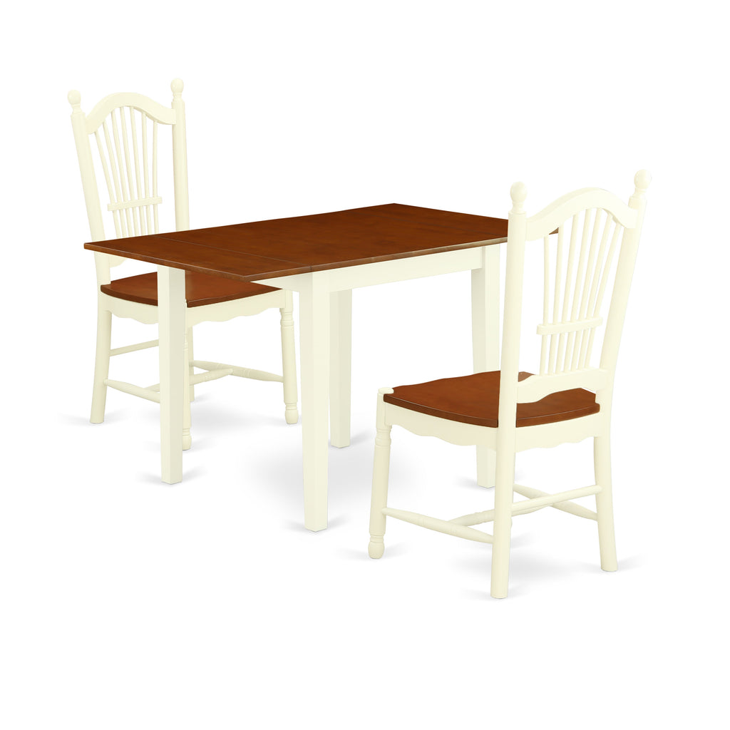 Juego de comedor de 3 piezas NDDO3-WHI-W de East West Furniture. Incluye una mesa de comedor rectangular con alas abatibles y dos sillas con asiento de madera.