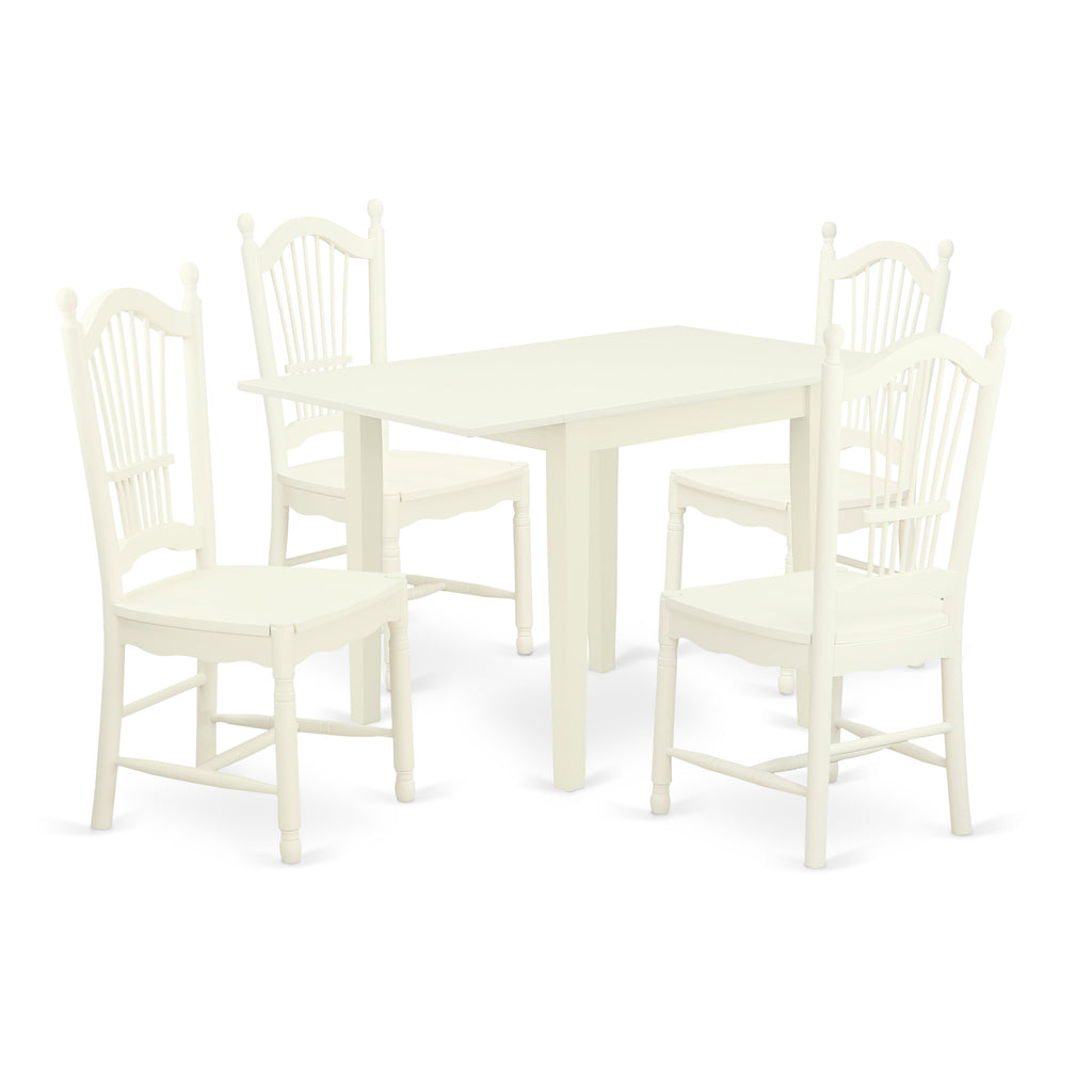 East West Furniture NDDO5-LWH-W 5 Piece Dining Room Table Set Includes a Rectangle Dining Table with Dropleaf and 4 Wood Seat Chairs