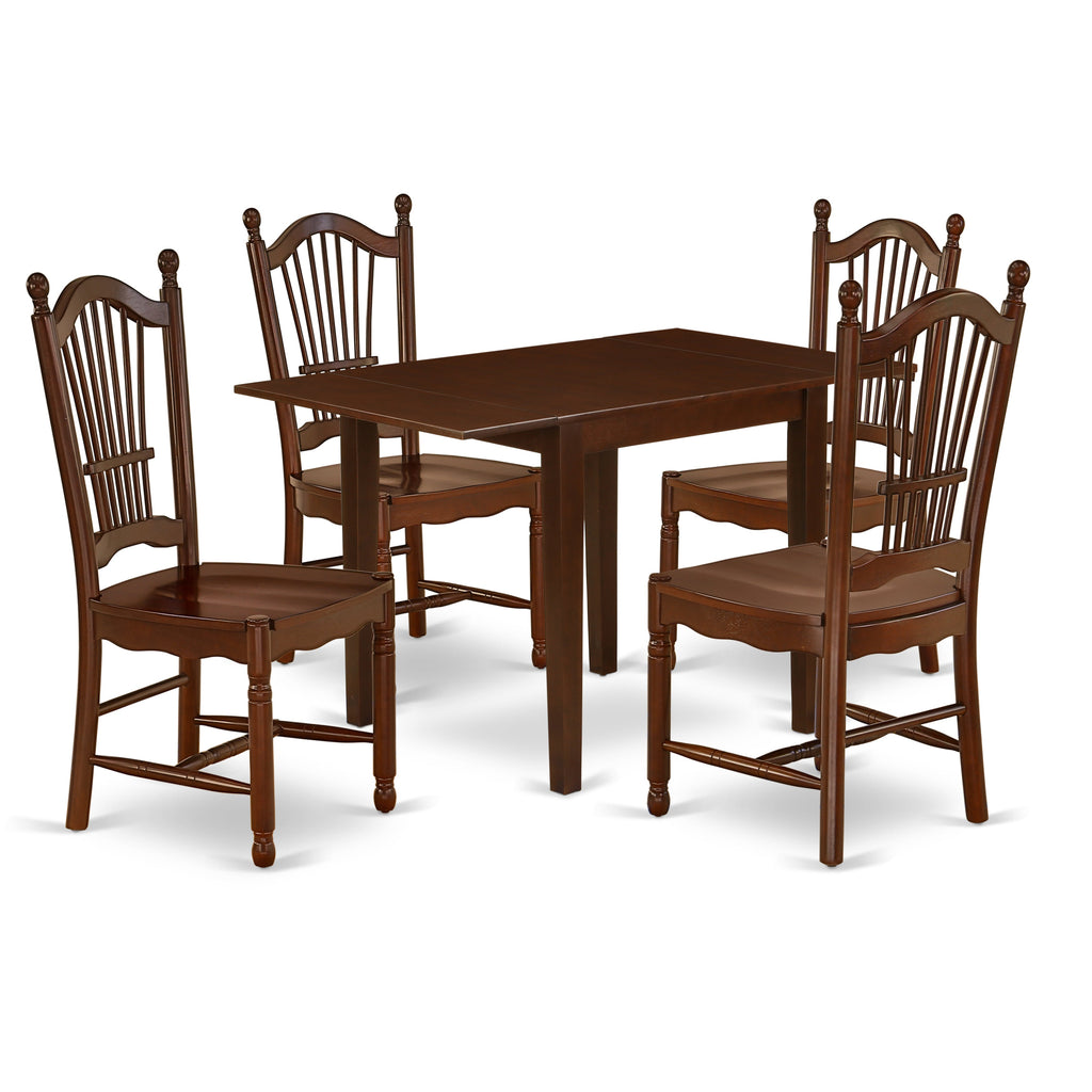 East West Furniture NDDO5-MAH-W 5 Piece Dining Set Includes a Rectangle Dining Room Table with Dropleaf and 4 Wood Seat Chairs, 30x48 Inch, Mahogany
